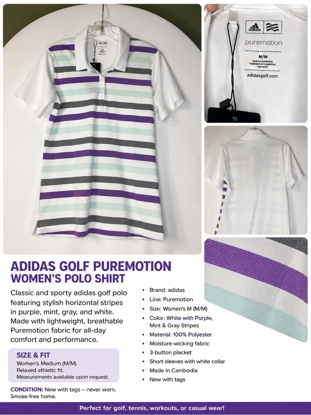 adidas Women's Polo Shirt — White with Purple, Mint & Gray Stripes